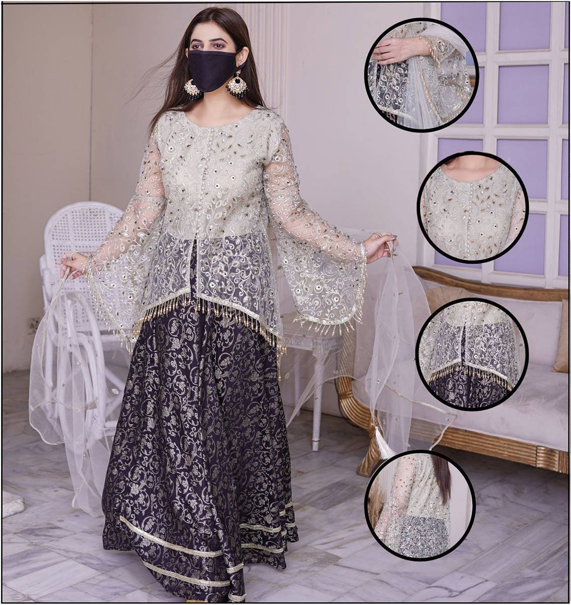 Net Fabric with Embroidered Handwork Cotton Lehnga