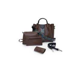 Women’s Brown Floral Hand, Cross Body & Shoulder Bag – 4 Pieces Set