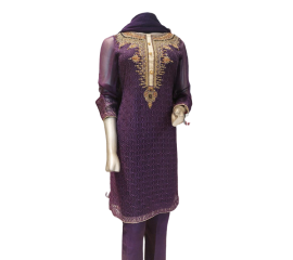 Ladies 3 Piece Suit - Organza Shirt, Chiffon Dupatta, Raw Silk Trouser