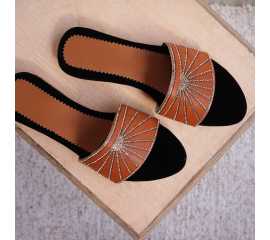 Leather & Velvet Flat for Girls - Brown