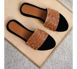 Leather & Velvet Flat for Girls - Brown & Black