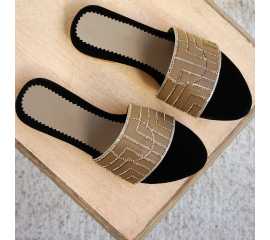 Leather & Velvet Flat for Girls - Ochre
