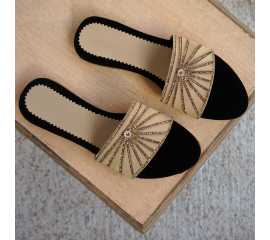 Leather & Velvet Flat for Girls - Black & Skin