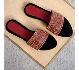 Leather & Velvet Flat for Girls - Red