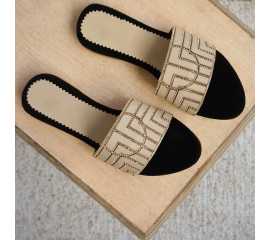 Leather & Velvet Flat for Girls - Skin & Black