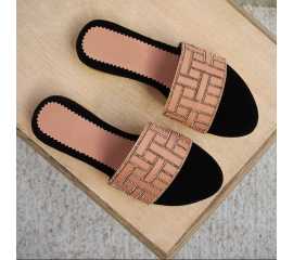 Leather & Velvet Flat for Girls - Peach & Black