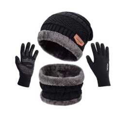 Winter Knitted Beanie Cap Neck Warmer Gloves Set For Men & Women