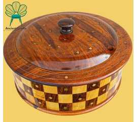 Wooden Hot Pot With Brass Work Handmade Kitchen Accessories 12"X 12 - 1 Piece