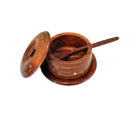 Hand Crafted Brass Work Wooden Sugar Bowl Spice Jar With Lid Spoon