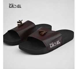 Black Camel Hand-Crafted Leather Tassel Slides Slipper For Men