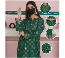 Embroidered Boat Neckline with V-Cut Jacquard Full Sleeves 2-Piece Dress