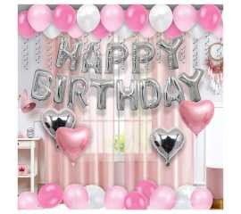 Pink & White Charming Happy Birthday Theme Balloons Set