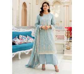 Anika 3 PCS Lawn Shalwar/Kameez & Dupatta Arctic Blue Unstitched Suit For Women
