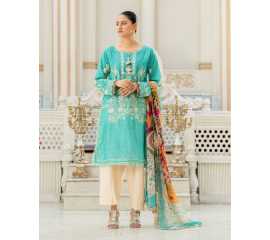 Saiba 3 PCS Lawn Shalwar/Kameez & Dupatta Teal Blue Unstitched Suit For Women