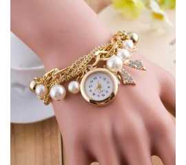 Pearl Bracelet Golden Watch For Ladies