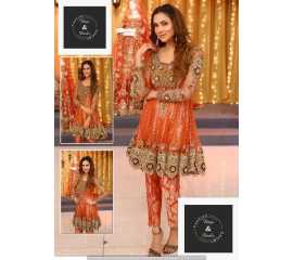 Bridal Net Embroidery Suit For Women In Orange Color