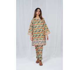 Embroidered Shirt and Sleeves Keyhole Neck Camouflage Print 2-Piece Stitched Suit - Multicolor