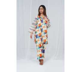 Fully Embroidered Sleeves V-Neck Abstract Print 2-Piece Stitched Suit - Orange