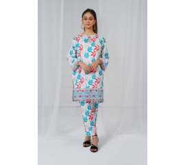 Embroidered Shirt and Sleeves Keyhole Neck Leaves Print 2-Piece Stitched Suit - White & Blue