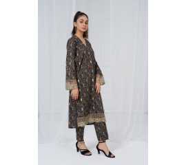 Embroidered Shirt and Trouser V-Neck Geometry Print 2-Piece Stitched Suit - Black