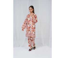 Embroidered Shirt and Trouser V-Neck Geometry Print 2-Piece Stitched Suit - Brown