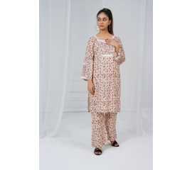 Embroidered Shirt and Trouser Square Neck Floral Print 2-Piece Stitched Suit - Skin