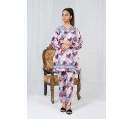 Embroidered Neck and Sleeves Tear Neck Leaves Print 2-Piece Stitched Suit - Red-Blue