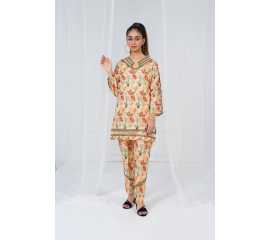 Embroidered Neck and Sleeves Tear Neck Leaves Print 2-Piece Stitched Suit - Skin
