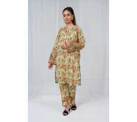 Embroidered Sleeves and Trouser Keyhole Neck Floral Print 2-Piece Stitched Suit - Green & Floral