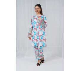 Embroidered Sleeves and Trouser Keyhole Neck Abstract Print 2-Piece Stitched Suit - Red & Blue