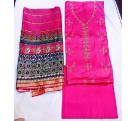 3 PCS Linen Unstitched Suit With Diamond Dupatta For Women