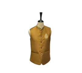 Azlan Shahzad Motive Embroidery Camel Brown Waist Coat For Men