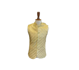 Azlan Shahzad Yellow Sequence Full Front Embroidered Waist Coat For Men