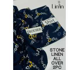 Stone Linen 2 Piece Unstitched Printed  Suit For Women's - Blue