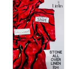 Stone Linen 2 Piece Unstitched Printed  Suit For Women's - Red