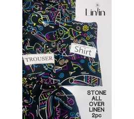Stone Linen 2 Piece Unstitched Printed  Suit For Women's - Black