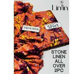 Stone Linen 2 Piece Unstitched Printed  Suit For Women's - Orange