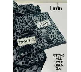 Stone Linen 2 Piece Unstitched Printed  Suit For Women's - Gray