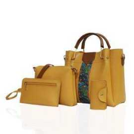 Women’s Yellow Floral Hand, Cross Body & Shoulder Bag – 4 Pieces Set