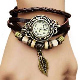Women's Casual Vintage Weave Wrap Genuine Leather Bracelet Wrist Watch One Size Brown