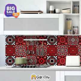 Ajrak Sindhi Tile Stickers Pack of 6 / 12 / 24 / 48 / 102 Pcs 12x12 cm Black and Red Design Wall Decorative Self Adhesive Tiles Stickers Kitchen Sticker Wall Wallpaper Border Decoration Gift City