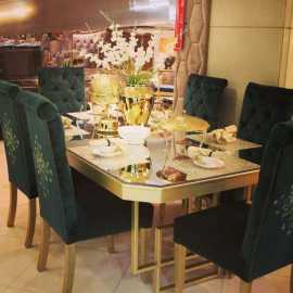 Hexagon Cut Looking mirror Dining Table With 6 Custom Hand Painted ChairsHexagon Cut Looking mirror Dining Table With 6 Custom Hand Painted Chairs