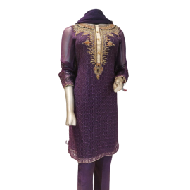 Ladies 3 Piece Suit - Organza Shirt, Chiffon Dupatta, Raw Silk Trouser
