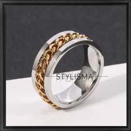 Stylisma Silver Stainless Steel Spinner Golden Chain Thumb Ring For Men
