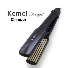 Kemei - Professional Hair Straightener Crimper Wide Plate Temperature Control Instant Heating - Black
