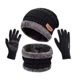 Winter Knitted Beanie Cap Neck Warmer Gloves Set For Men & Women
