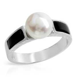 Genuine Onyx And Pearl Ring - 925 Sterling Silver