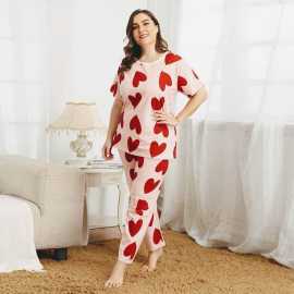2 PCS White Red Heart Night Suit For Women
