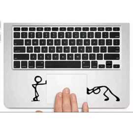 Man Pushing Funny Sticker For Laptop