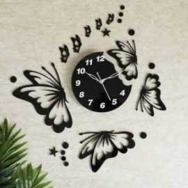 Wooden Wall Clock with stars and Flying Butterfly